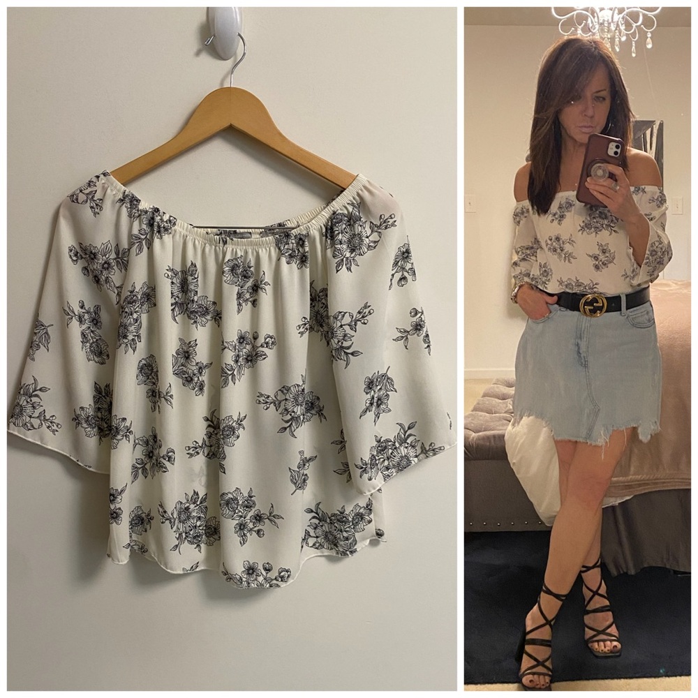 Charlotte Russe Off-Shoulder Floral Top in Ivory and Black